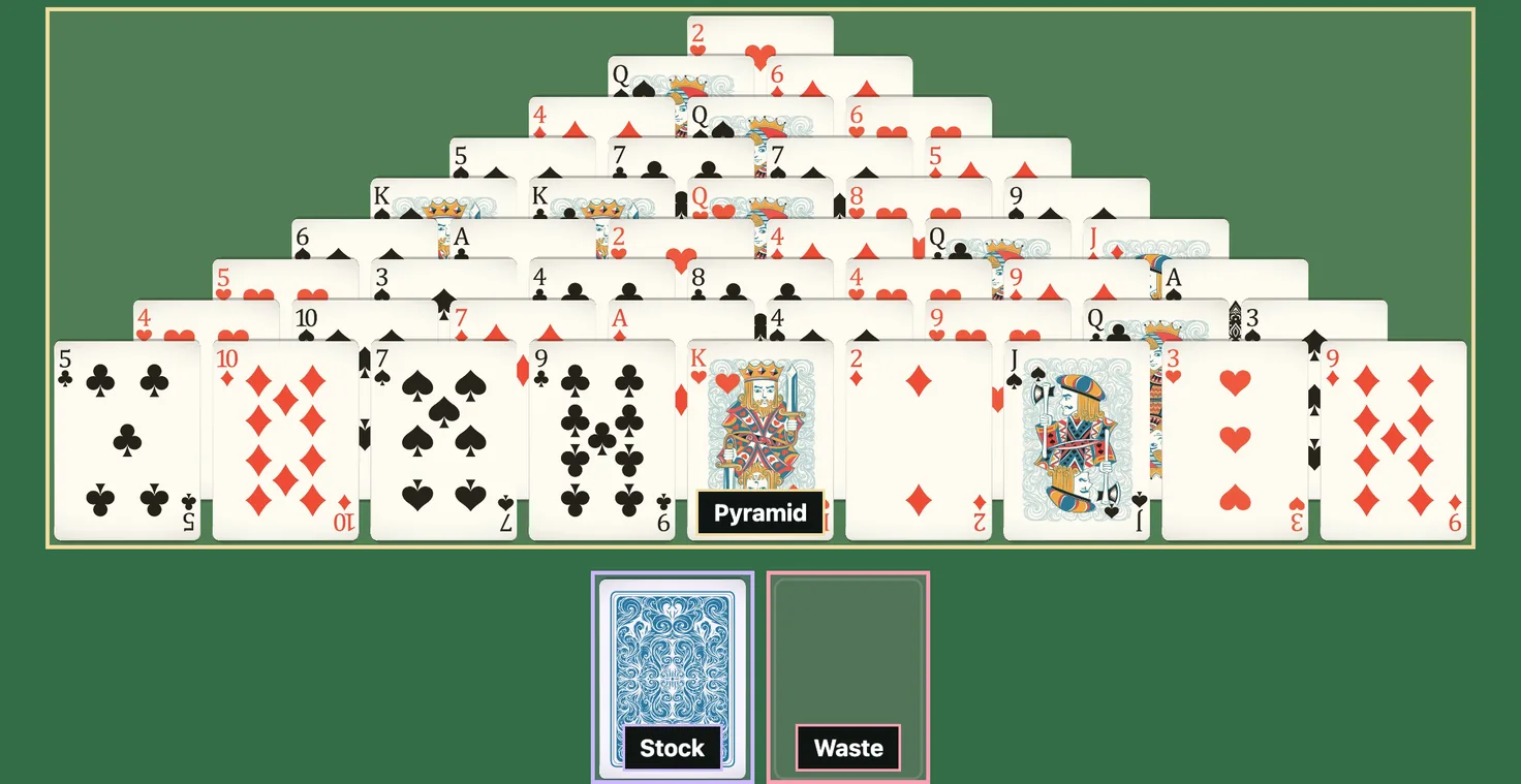 Opening deal of Double Pyramid Solitaire with the Pyramid, Stock and Waste areas labeled