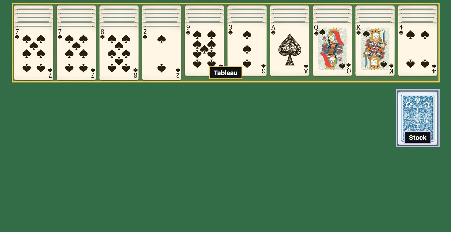 Opening deal of one-suit Spider Solitaire: ten tableau columns, every face-up card a spade, with the stock pile at the right